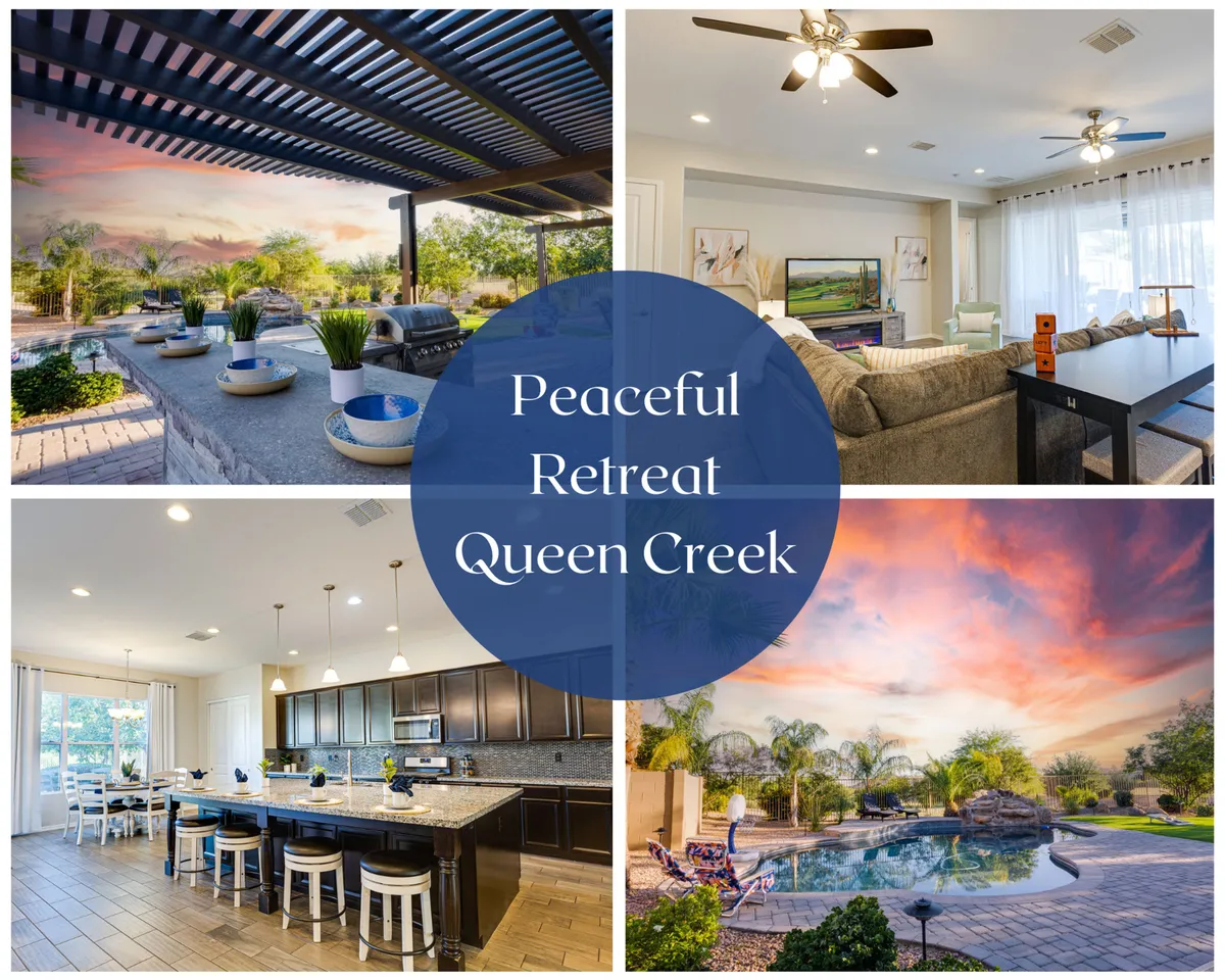 The image showcases a stunning backyard oasis with a sparkling heated swimming pool surrounded by a spacious patio. Comfortable outdoor seating and a dining area invite guests to relax, while large windows connect the indoor living space to the serene outdoor setting. The scene is bathed in warm Arizona sunlight, evoking a sense of tranquility and inviting leisure.